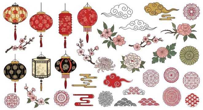 Chinese lanterns, cherry blossoms, and traditional Asian vector elements