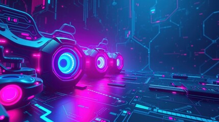 Fototapeta premium Futuristic scene. Glowing neon lights illuminate complex digital structures. Vehicles suggest advanced technology, speed, innovation.