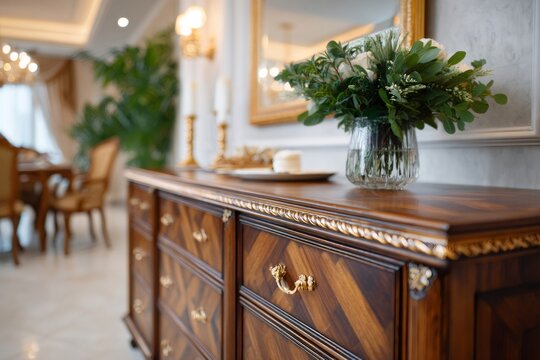 Luxury wooden commode with elegant flower arrangement