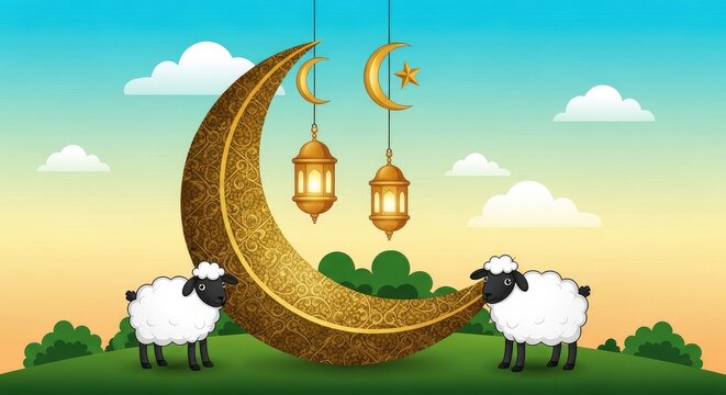Eid al Adha greeting background with sheep and crescent moon