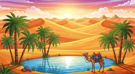 Obraz premium Cartoon desert oasis with camel, palm trees, pyramids at sunset