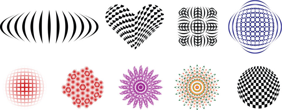 Abstract geometric shapes collection including distorted grids spheres hearts and floral patterns