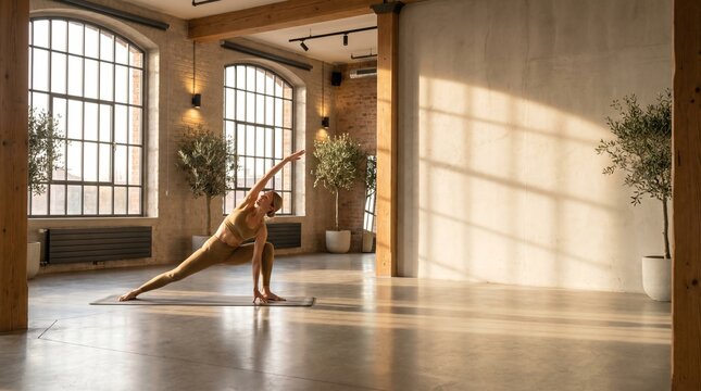 Young woman stretching her body in a sunlit loft gym studio.