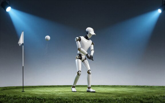 Robot golfer swings under spotlights on a pristine green golf course.