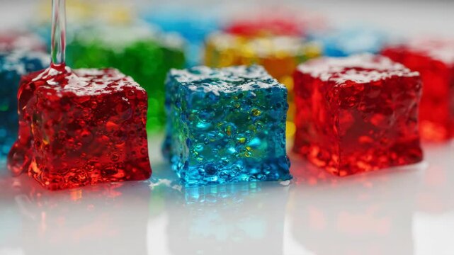 Colorful jelly cubes with textured surfaces, reflecting light on a glossy white surface