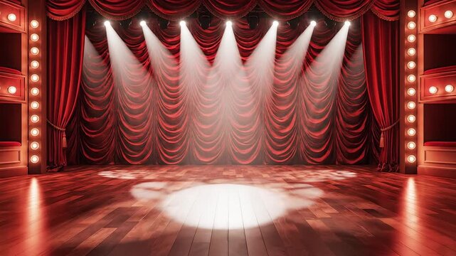 Theater stage with red curtains ideal for sleek commercial backgrounds and title sequences