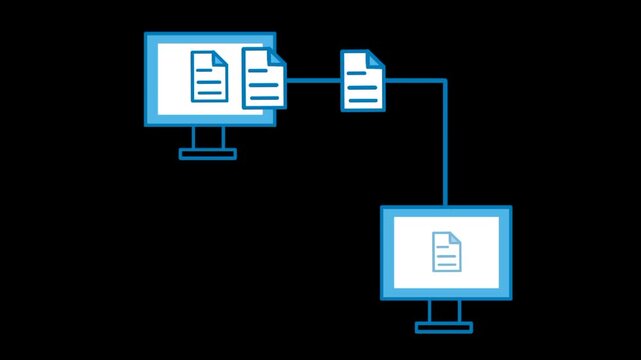 Fast data transfer animation between computers with moving documents quickly. Clean digital motion with simple modern technology design.