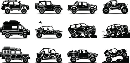 Obraz premium Off road vehicles silhouette vector icon set including suv trucks buggy camper and jeep for adventure travel motorsport design