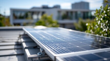 Fototapeta premium Close up of a solar panel installed on a modern building rooftop, showcasing renewable energy technology