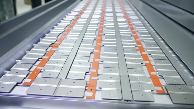 Close-up of CATL prismatic battery cells arranged in an EV battery pack, showcasing electric vehicle technology, energy storage systems, and modern industrial manufacturing.