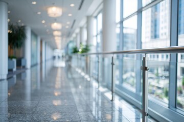 Fototapeta premium Modern Office Hallway with Natural Light and Sleek Glass Railings, Blurred Background