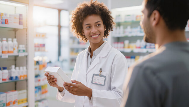 Friendly Black female pharmacist in white coat smiling and presenting medication package to male customer in bright modern drugstore, authentic diverse pharmacy retail concept, editorial photography