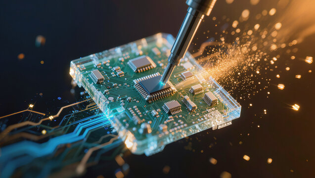 Premium abstract close up of semiconductor chip soldering on green printed circuit board with sparkling particles, futuristic microchip electronics concept, editorial technology background