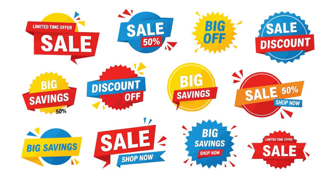 Collection of colorful sale discount stickers.