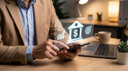 Naklejka premium Businessman using smartphone with digital financial icons hologram in modern office environment