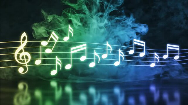 Musical notes and colorful smoke highlighting geometric patterns and contemporary art