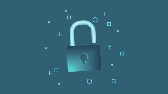Animated lock unlocks and locks again on abstract background security concept footage.