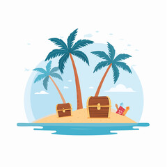 Obraz premium Tropical Island with Treasure Chests and Palm Trees