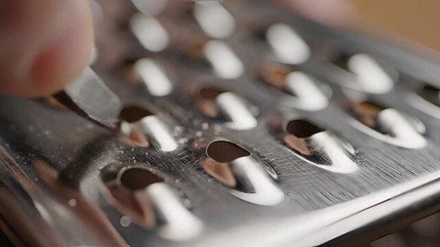 Closeup of a hand grating cheese on a metal grater.