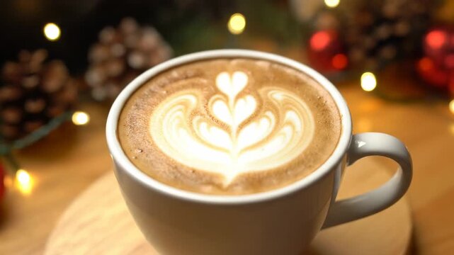 Close up of a latte with art and a cozy Christmas aesthetic