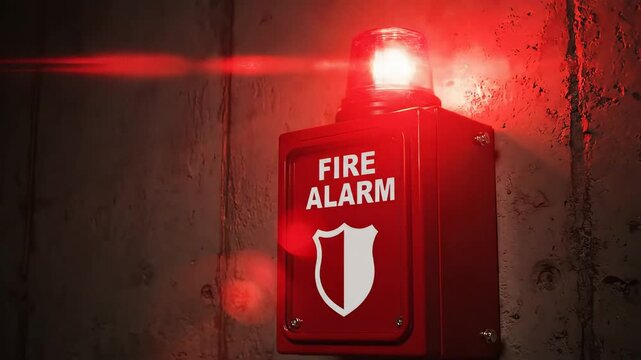 Red fire alarm light on wall for industrial safety and mechanical power demonstrations