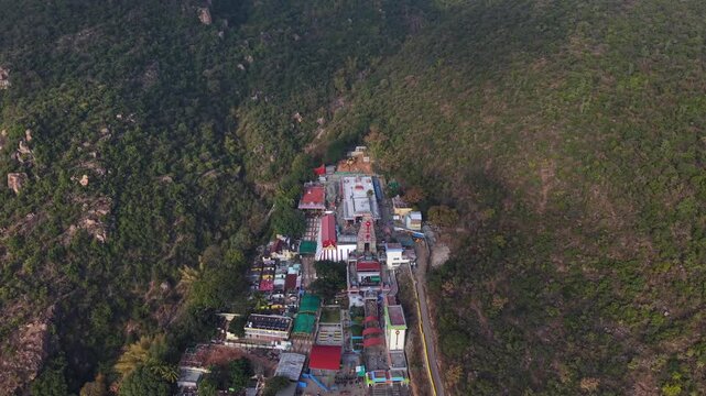 Aerial view of Marudhamalai Temple and winding hill roads in Coimbatore Tamil Nadu