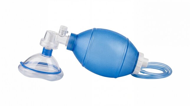 Blue medical bag valve mask used for emergency oxygen delivery in a clean clinical setting on white background
