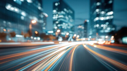 Fototapeta premium Blurry Nighttime City Street with Streaking Car Lights Conveying Speed and Urban Motion