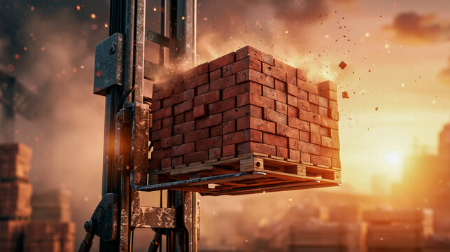 A loader lifts a wooden pallet with stacked red bricks in a dusty brick factory workshop, showcasing the concept of construction, industrial production, and construction materials logistics.