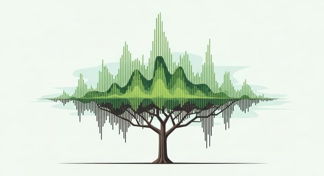 Abstract tree with green sound wave crown and data roots