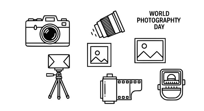 World Photography Day Icons: Camera, Tripod, Lens, Film Roll, Photo Frames