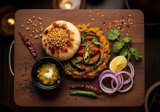 Indian meal featuring stuffed bread dal eggplant curry on wooden board indian food indian cuisine traditional food home cooked food photography spice blend