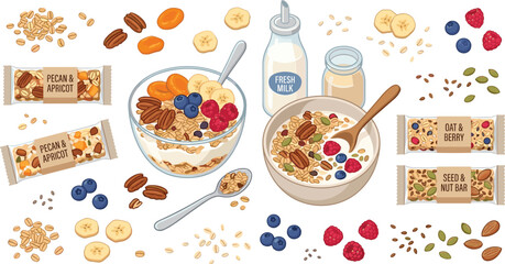 Healthy breakfast cereal vector illustration set with granola bowls milk bottles muesli snack bars and mixed fresh berries © msttaniyaakter