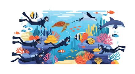 Naklejka premium Vibrant underwater scene with divers exploring coral reef teeming with marine life