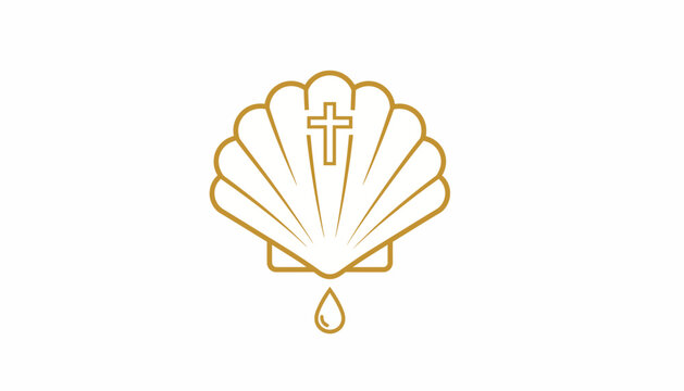 Golden baptism shell icon with christian cross and water drop, religious baptismal symbol vector, elegant gold line art for church ceremony