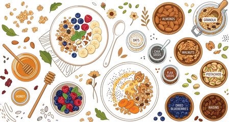 Healthy breakfast granola bowl vector element set with oats honey nuts berries bananas and seeds on white background, © msttaniyaakter