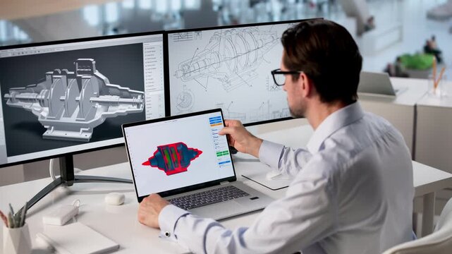 Engineer Carefully Designing Turbine Model On Laptop