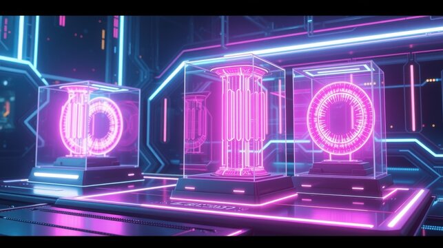 Futuristic display showcases glowing neon structures. Dark background emphasizes vibrant pink, blue illumination. Complex circuitry visible.