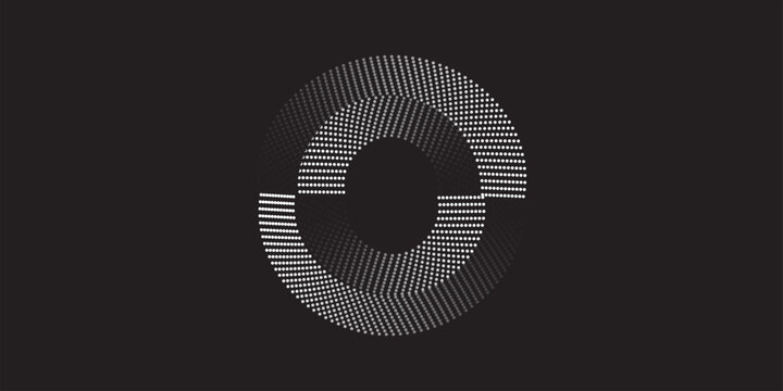 Abstract halftone dotted circular pattern on black background with gradient tech effect