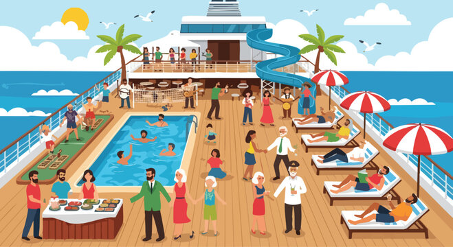 Vibrant cruise ship deck scene with people enjoying pool, lounge chairs, and tropical surroundings on a sunny day