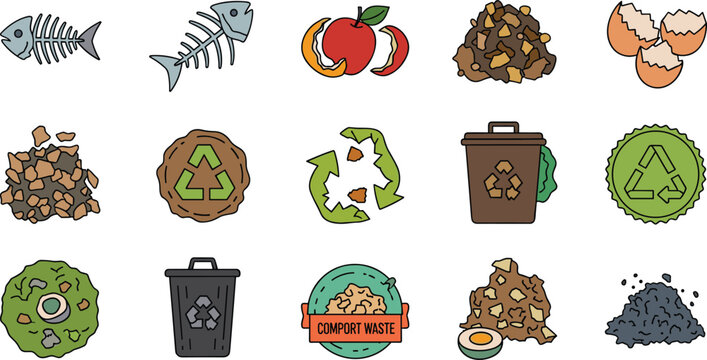Organic Waste Recycling and Compost Vector Icon Set on White Background