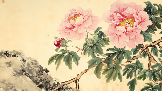 Traditional Chinese ink floral pink peony top right green leaves scattered rock bottom left light yellow ground delicate simple lines rich colors freehand bright Chinese charm high res