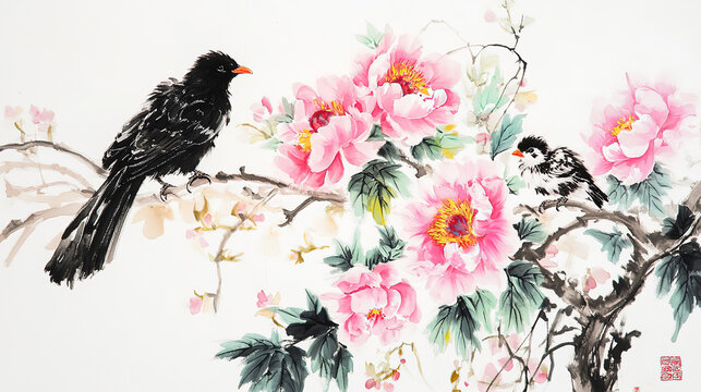 Chinese bird and flower art two chicks right white ground pink peonies green leaves meticulous black crow nearby strong contrast delicate strokes bright colors lively expressions joyful cheerful