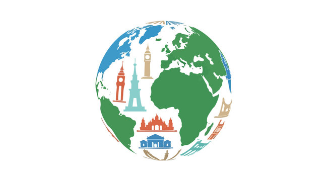 Vibrant illustrated globe with landmarks and famous monuments from around the world
