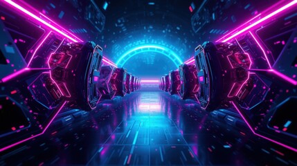 Fototapeta premium Futuristic corridor glows with vibrant neon lights. Symmetry creates endless perspective, digital aesthetic dominates space.