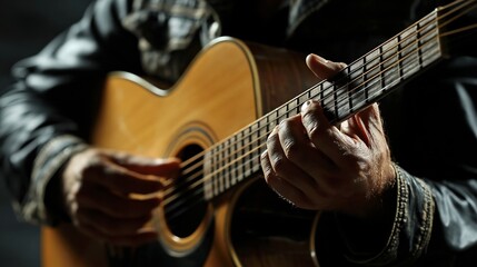 Obraz premium Close Up of Musician's Hands Playing Acoustic Guitar with Focus on Strings and Fretboard