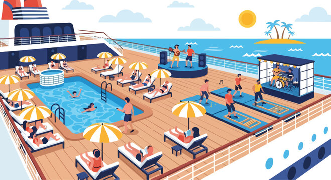 Illustration of a vibrant cruise ship deck with people relaxing by the pool and ocean on a sunny day