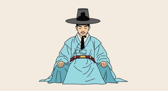 Illustration of a Korean man in traditional hanbok and gat hat meditating.