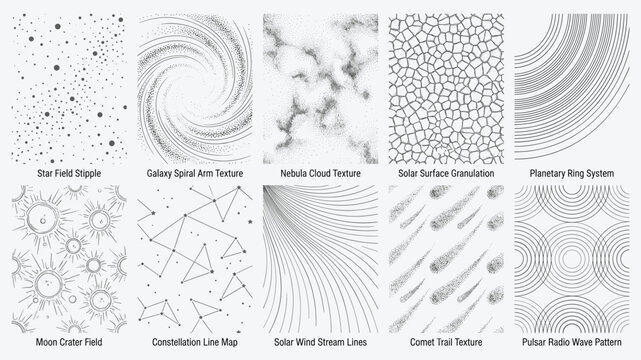 Abstract texture vector set with dot stipple spiral marble crack wave and geometric line patterns for design background