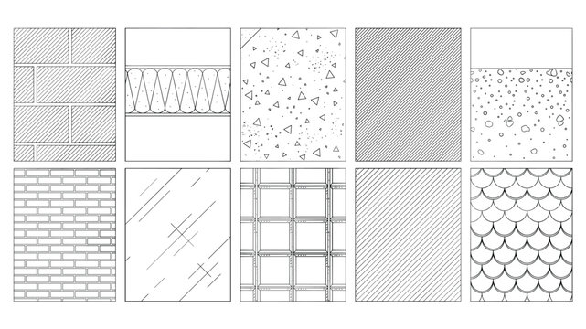 Architectural material hatch pattern vector set with brick glass triangle scatter diagonal grid fish scale and stripe seamless backgrounds
